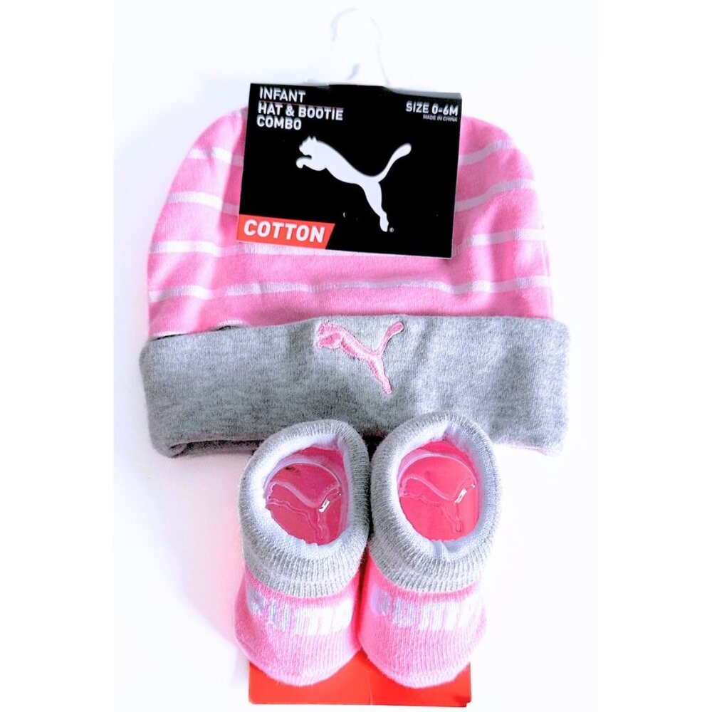 PUMA Baby Girl Pink Striped Hat & Booties Size 0-6 Months NWT